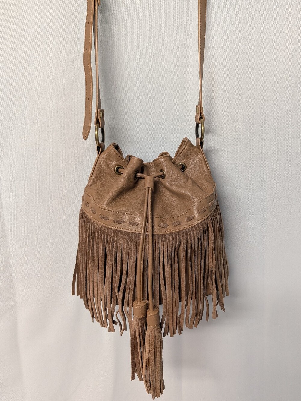 Johnny Was ITALIAN LEATHER FRINGE BUCKET BAG Fringe Drawstring Shoulder Purse